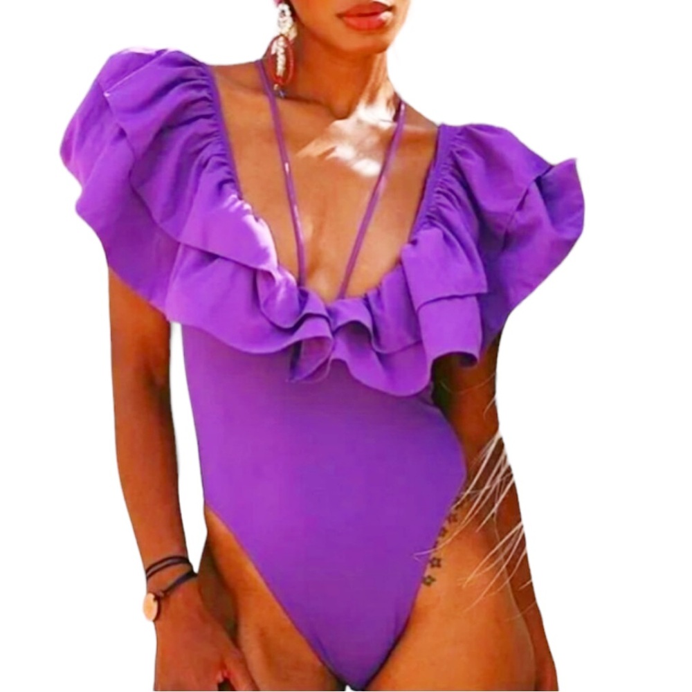 ZARA Swimwear purple deep-v ruffle strappy high cut one piece bathing suit small